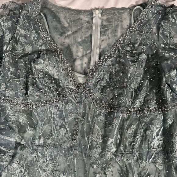 NWT Mac Duggal‎ [ 14 ] V Neck Mesh Puff Sleeve A Line Embellished Tea Dress Sage - Picture 5 of 6